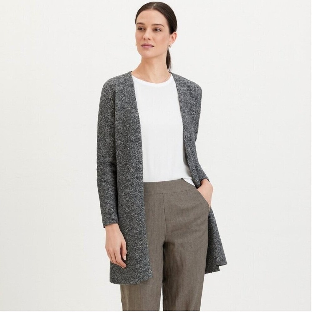 Eileen Fisher Gray Open Front Linen Blend Long Cardigan‎ Sweater SZ M Minimalist